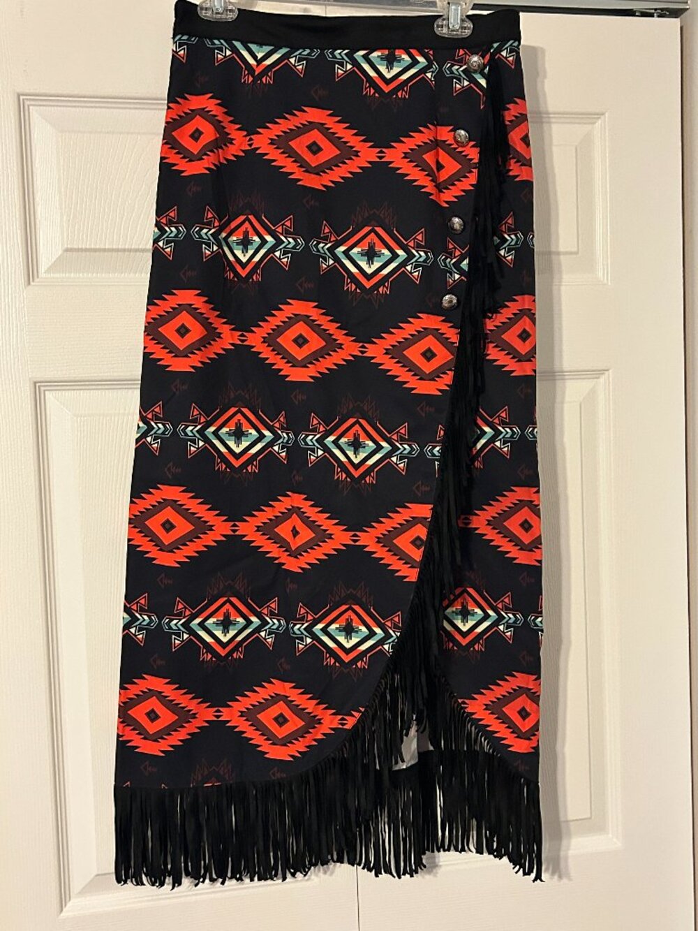 LUCKY & BLESSED Sz L Aztec Geometric Pattern Concho Button Fringe Wrap Skirt